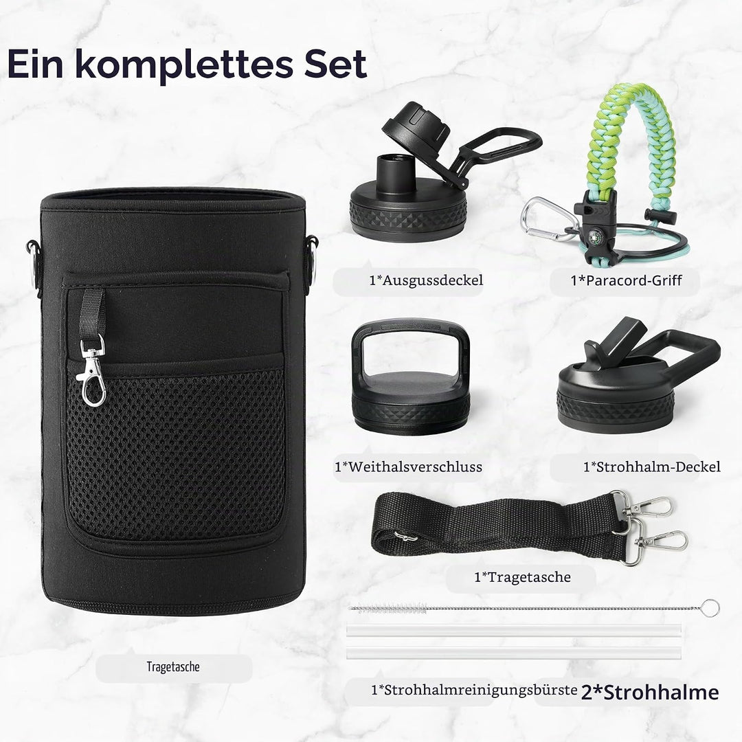 Trebo Isolierte Wasserflasche mit Paracord-Griff und Strohhalm, 1,8 l Fassungsvermögen, Edelstahl, g