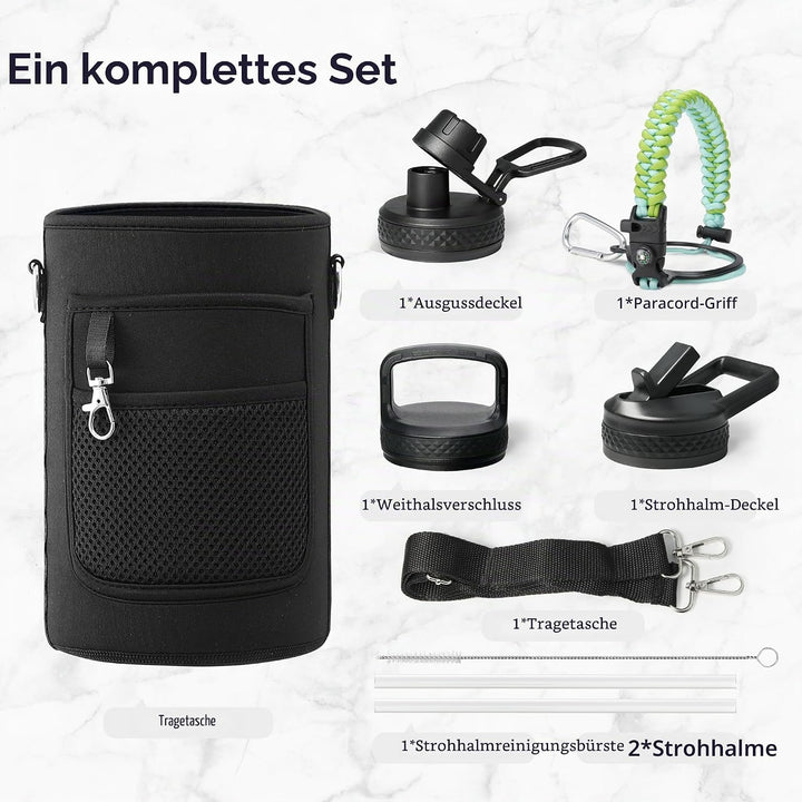 Trebo Isolierte Wasserflasche mit Paracord-Griff und Strohhalm, 1,8 l Fassungsvermögen, Edelstahl, g
