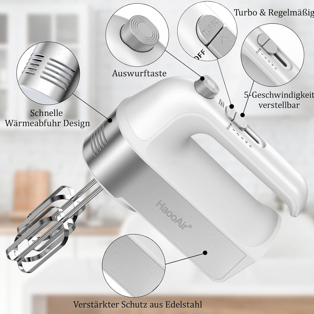 450W Elektro-Handmixer, 5-Gang-Handmixer mit Messbecher-aufbewahrung, 4* Edelstahl-Zubehör, Turbo-Bo