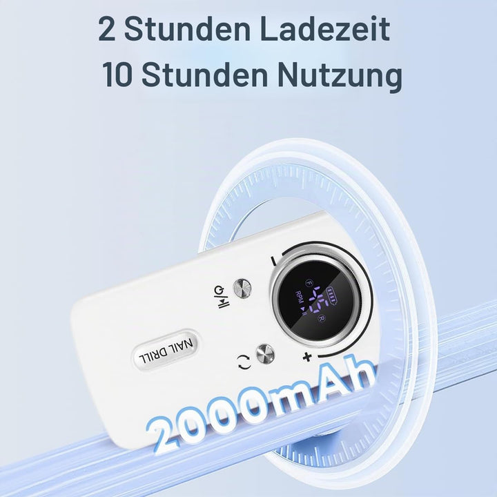 Elektrische Nagelfeile/Nagelfräser 45000 U/min [LCD+12 Köpfe] – Leise aufladbare Nagelmaschine mit 1