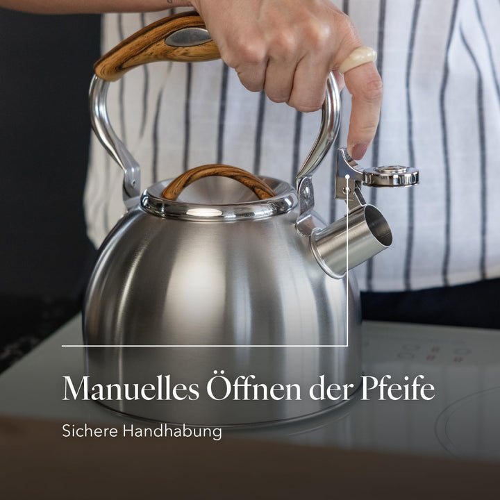 FLORINA JOE Wasserkessel (2,5 l) I Edelstahl Teekessel I Flötenkessel mit Soft-Touch Griff I Dekorat