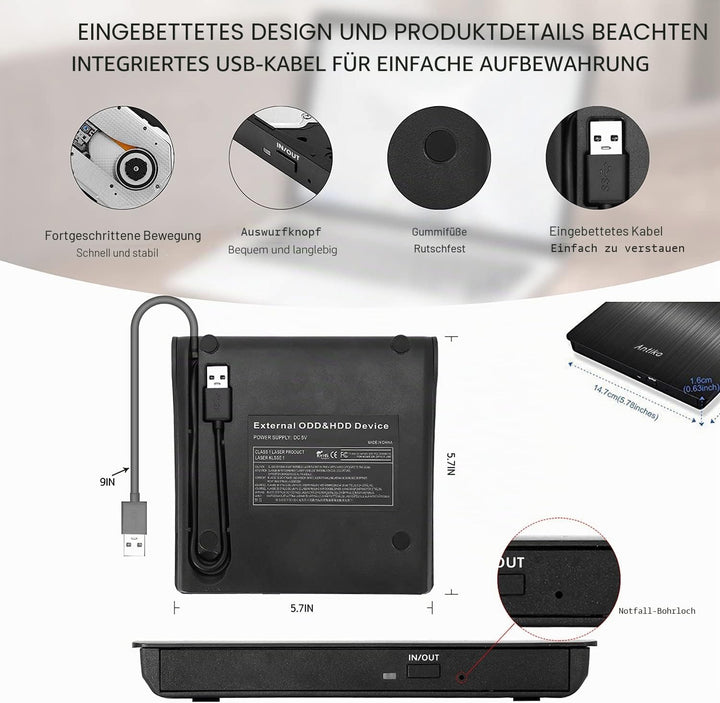 Antika Externer DVD-/CD-Brenner mit externem CD-Laufwerk USB 3.0 DVD +/- RW CD +/- RW tragbares Kart