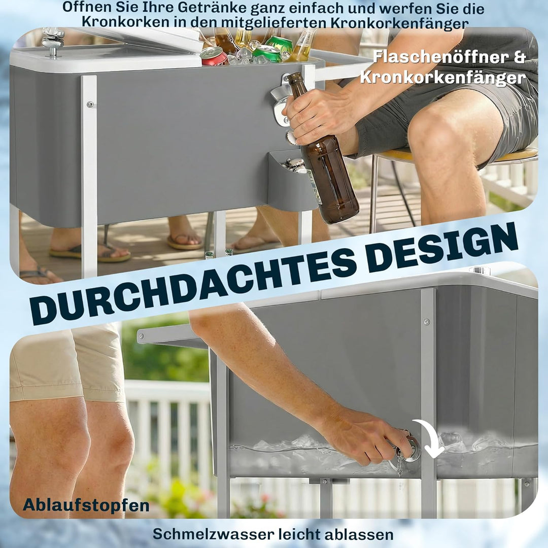 Outsunny Kühlwagen mit 56L Kapazität Servierwagen mit Rollen, Flaschenöffner, unterer Ablage, Griff