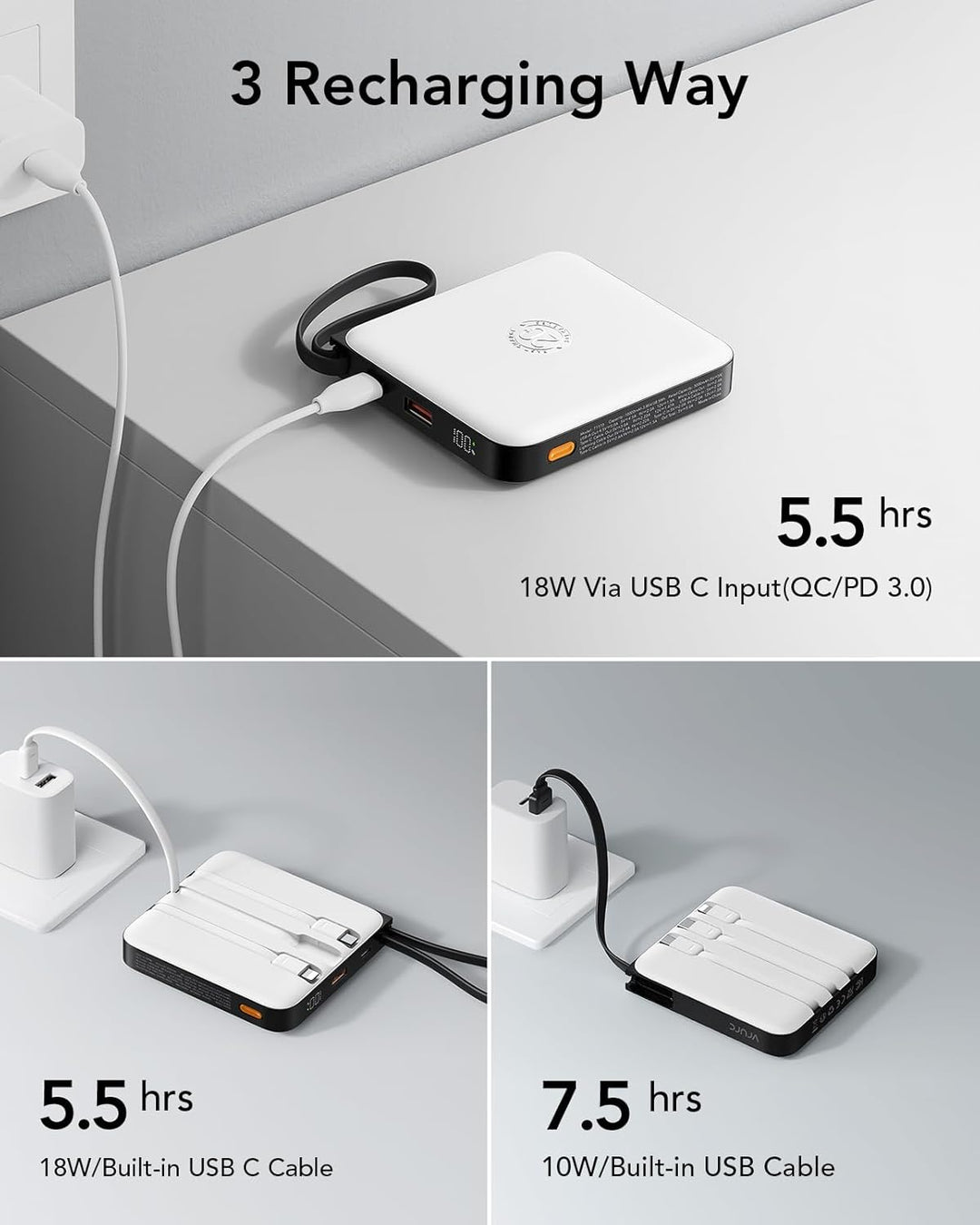 VRURC 20000mAh Power Bank mit Kabel Klein USB C Powerbank Schnelles Aufladen Mini Tragbares Ladegerä