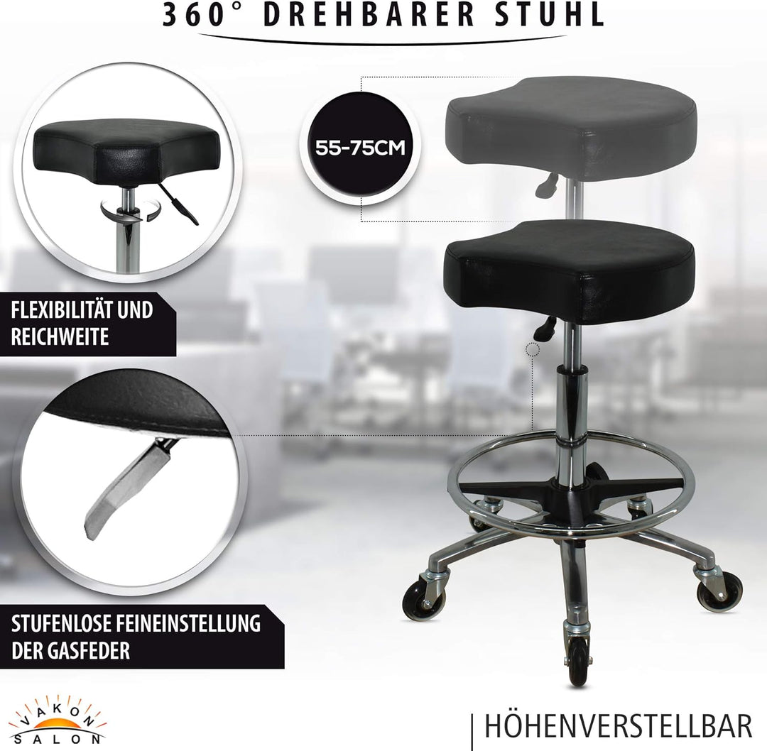 Ergonomischer Rollhocker mit Premium-Rollen und Fussring - Höhenverstellbar von 55-75 cm - Drehhocke