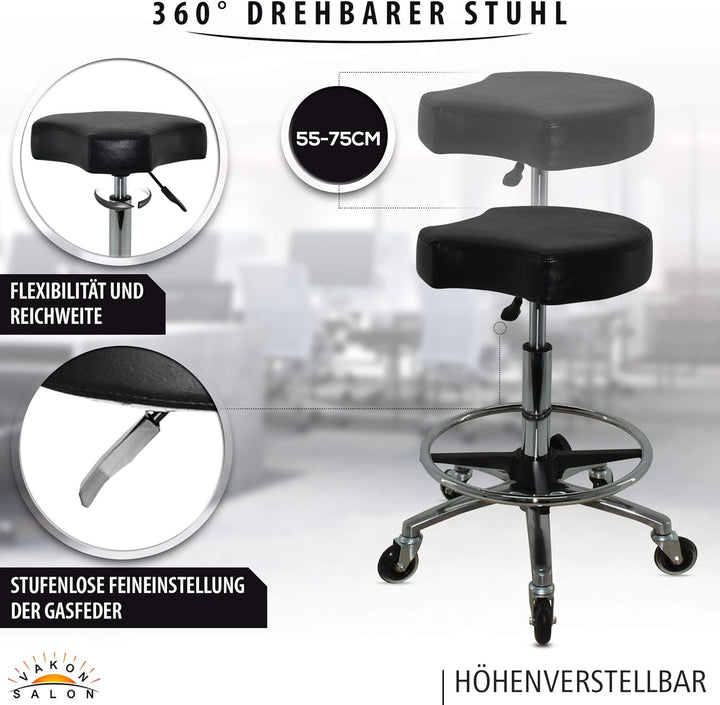 Ergonomischer Rollhocker mit Premium-Rollen und Fussring - Höhenverstellbar von 55-75 cm - Drehhocke