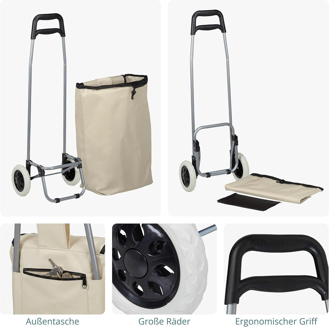 Relaxdays Einkaufstrolley klappbar, Abnehmbare Tasche 28 L, beige | Einkaufswagen mit Rollen HBT 92,