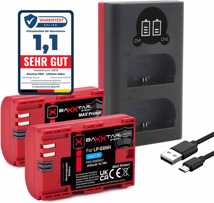 Baxxtar MaxProtect LP-E6NH 2400mAh Akku 2X mit aktivem NTC Sensor und V1 Schutzgehäuse, auch kompati