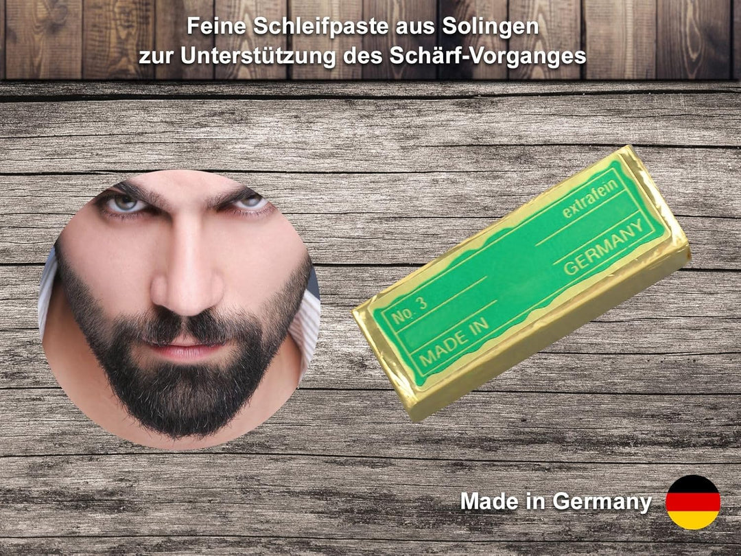Premium Solingen Paste im Set mit Rasiermesser mit Goldätzung auf der Rasierklinge und Holzgriff + P