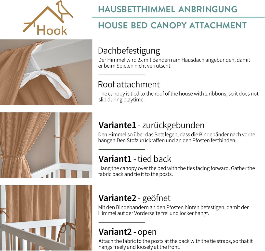 Hausbett Himmel Deko Set, Betthimmel Hausbett aus Musselin - 2 Betthimmel & 1 Wimpelkette, für Junge