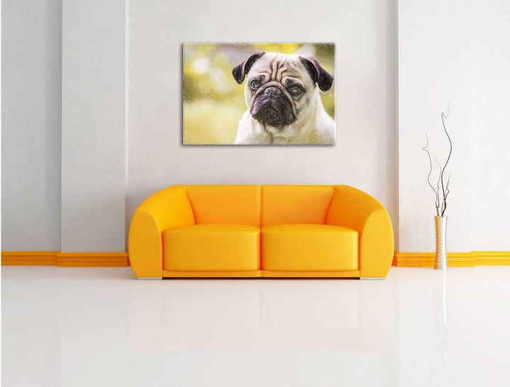 Pixxprint Mopsporträt Kunst Buntstift Effekt / 100x70cm Leinwandbild bespannt auf Holzrahmen/Wandbil