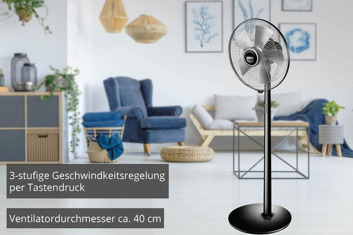 UNOLD 86825 Standventilator Silverline Black - Schwarz, 3-stufige Geschwindkeitsregelung, Oszillatio
