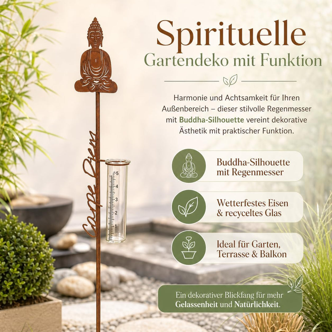Regenmesser Mit Erdspiess Buddha-Form Carpe Diem Schriftzug Gartenstab Garten Gartendekoration Vinta