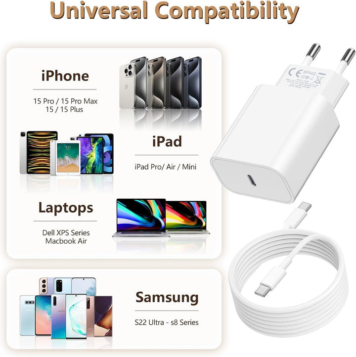 2Pack iPhone 17 16 15 Ladegerät mit Ladekabel, 20W USBC Schnellladegerät Original mit USB C Kabel 2m