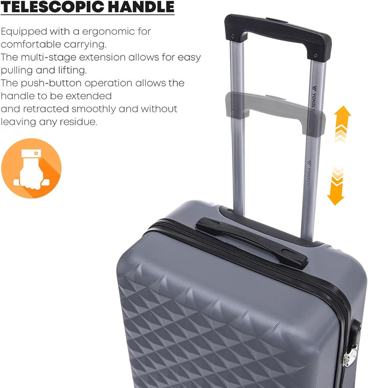 Koffer Suitcase M Grau, Trolley Reisekoffer, Kabinenkoffer Rollkoffer Handgepäck mit 4 Rollen 360°,