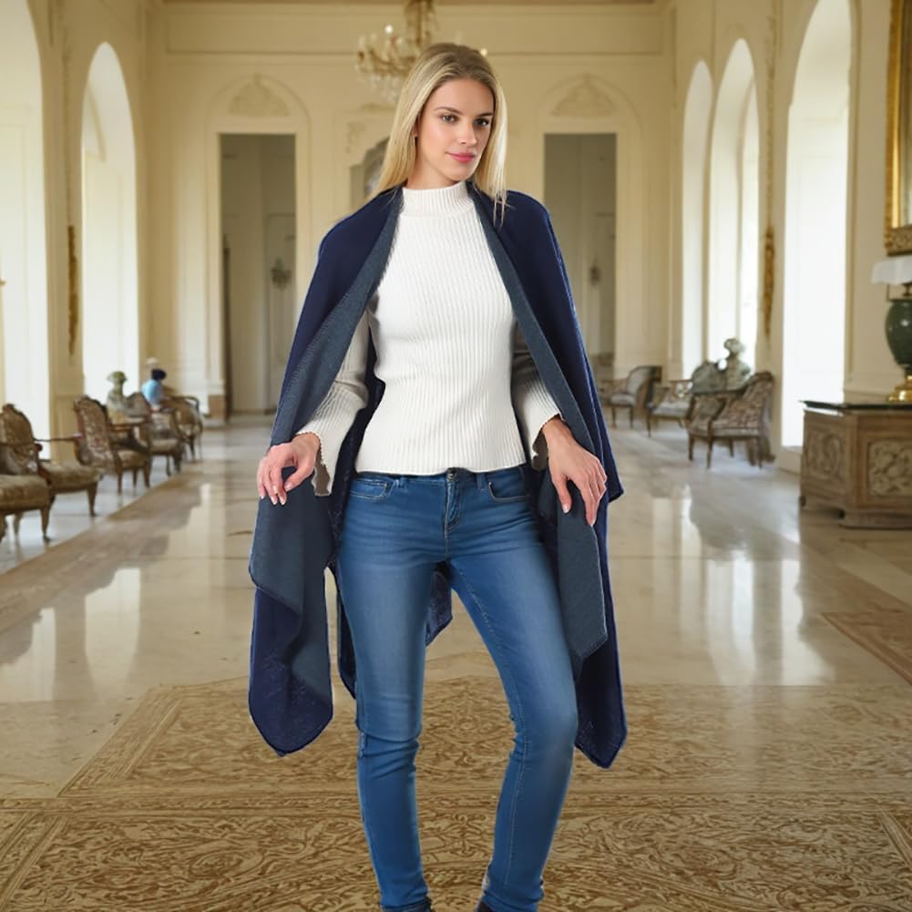 Shmily Girl - Damen Poncho Habe Gestrickt Überdimensionalen Decke Kap-Schal Navy Blue 2, Navy Blue 2