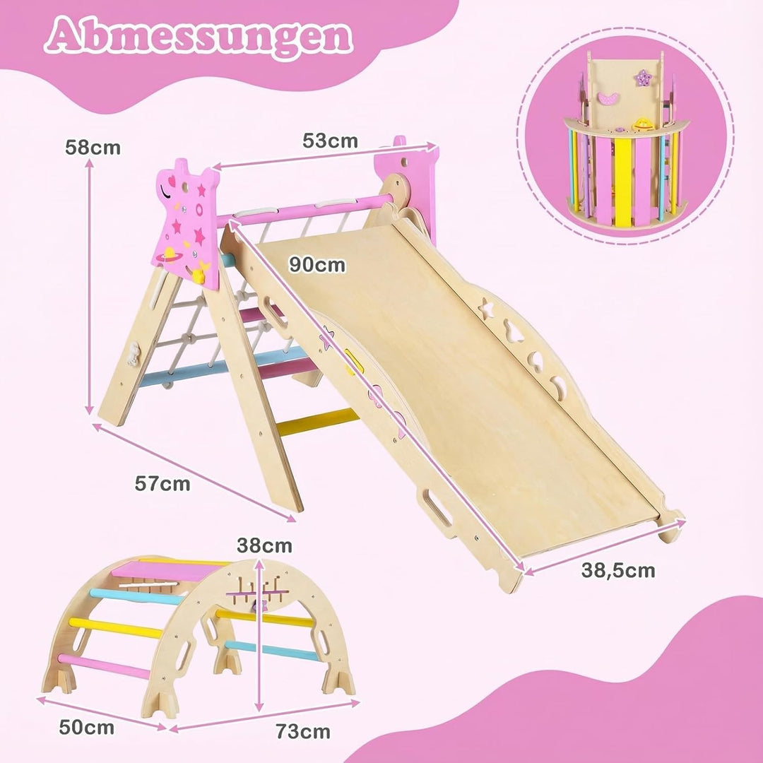 COSTWAY Klettergerüst Indoor 3er Set, klappabres Kletterdreieck mit Rutsche, Kletterbogen, Netz, ink