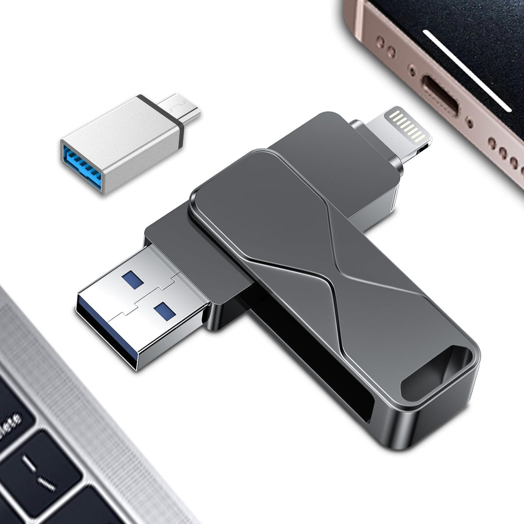 USB-Stick 256GB für iPhone iPad, MFi-zertifizierter Lightning 3-in-1 Externer Speicherstick, USB-Fla
