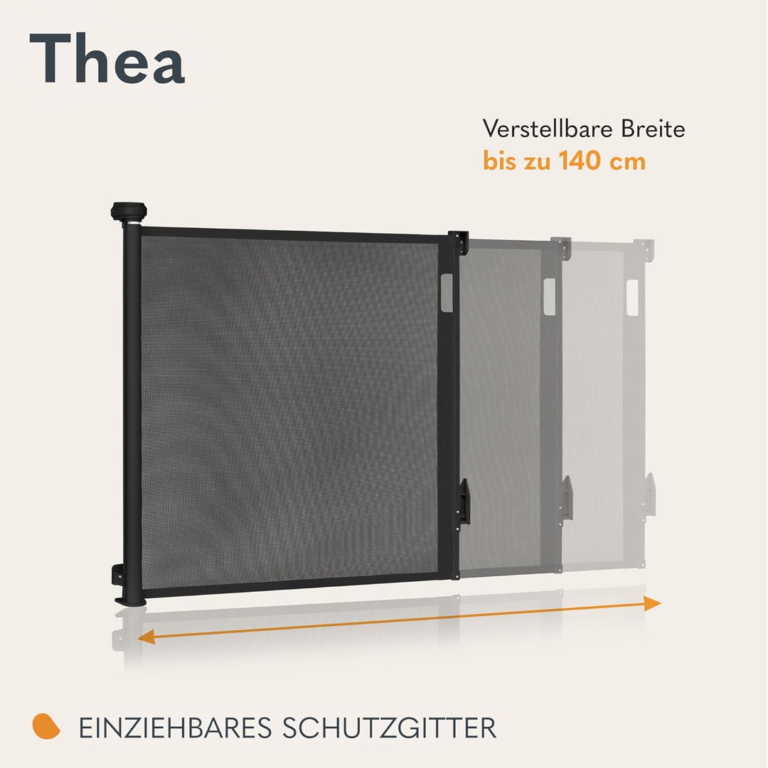 LIONELO THEA Verstellbares Ausziehbares Kinderschutzgitter für Tür, Treppe, Flur, Öffnung bis 140 cm
