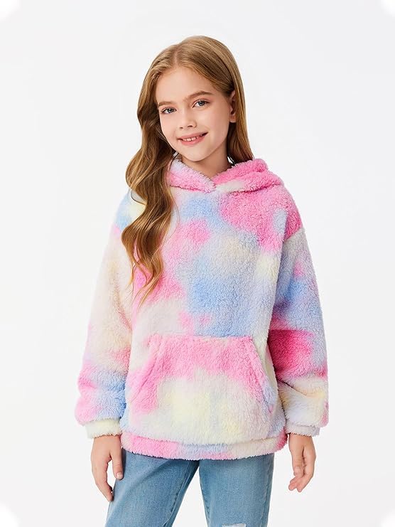 Haloumoning Kapuzenpullover Kinder Teddy Fleece Hoodie Tie Dye Warm Sherpa Sweatershirt Mädchen Jung