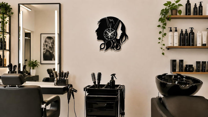 Instant Karma Clocks, Schönheitssalon Wanduhr aus Vinyl Schallplattenuhr mit Friseursalon Barber Sho