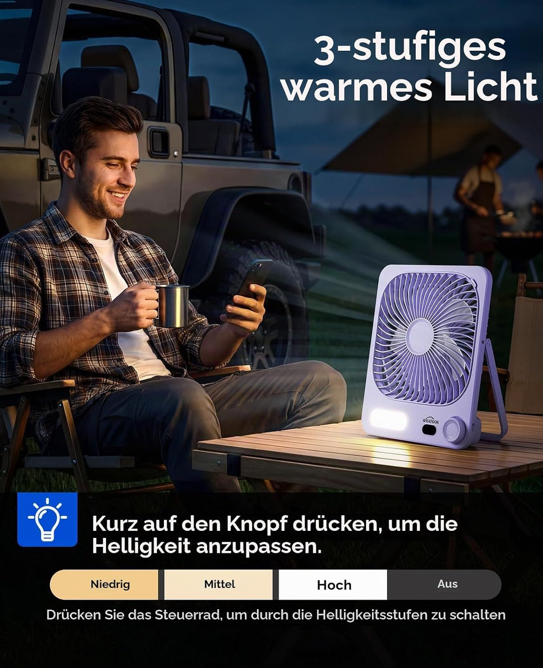 Akku Ventilator: 10000mAh 40H Tischventilator Leise mit 100 Stufen, 15s Auto-Aus LED Display, Reinig