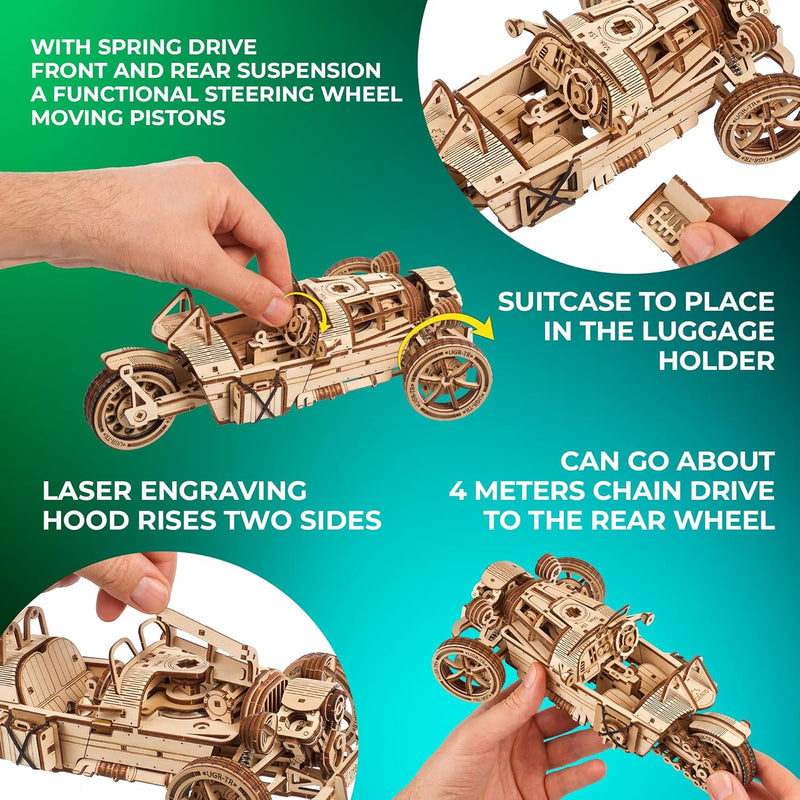 UGEARS Dreiradfahrzeug UGR-S - 3D Holzpuzzle Motorrad - Auto 3D Puzzle Modellbausatz für Erwachsene