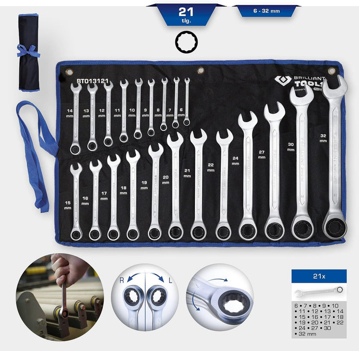 BRILLIANT TOOLS BT013121 Ratschenringschlüssel-Satz, 21-tlg, 6 - 32 mm [Powered by KS TOOLS] 6 - 32