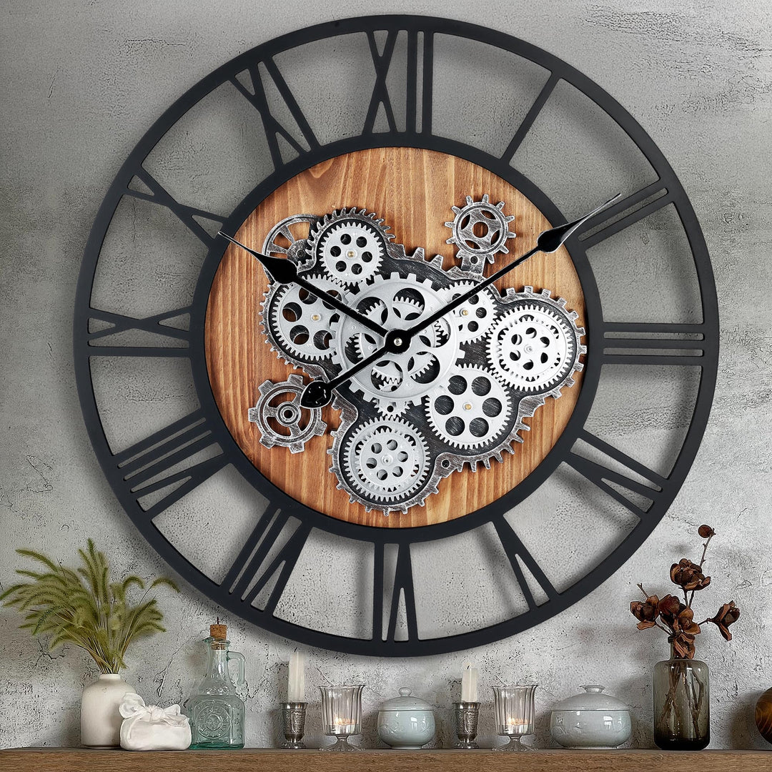 Lafocuse Wanduhr Gross mit Beweglichen Zahnrädern Industrial Steampunk XXL Holz Vintage Retro Schwar
