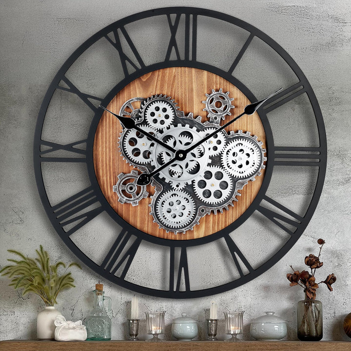 Lafocuse Wanduhr Gross mit Beweglichen Zahnrädern Industrial Steampunk XXL Holz Vintage Retro Schwar