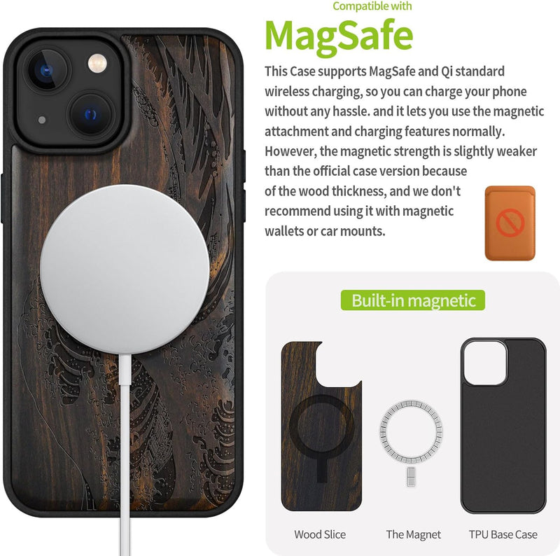 Carveit Handyhülle für iPhone 15 Cover Kompatibel mit Magsafe [Holz und TPU Silikon Hybrid hülle] Ma