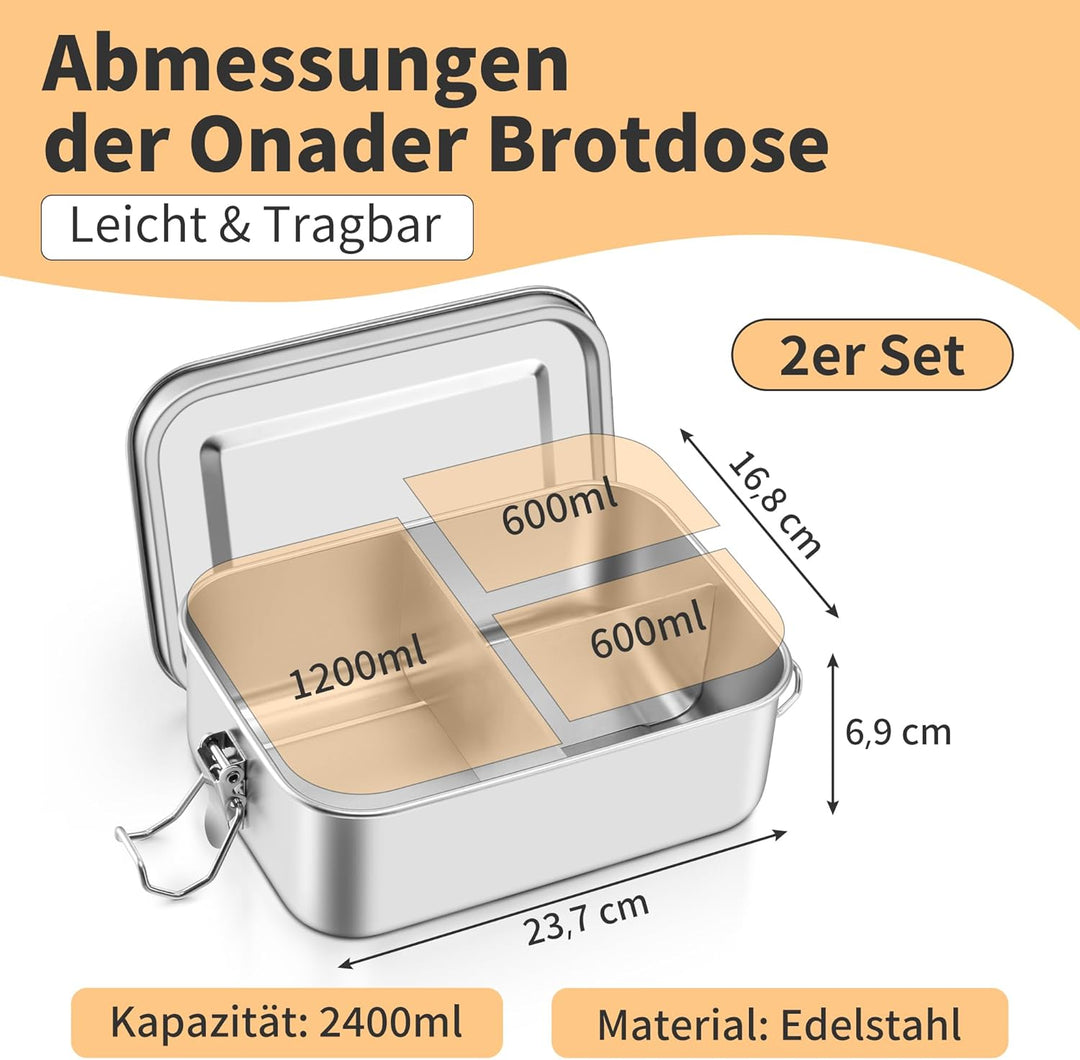 Onader Edelstahl Brotdose mit Fächern 2er Set, 2400ml Gross Bento Box Lunchbox mit Abnehmbar Trennwa