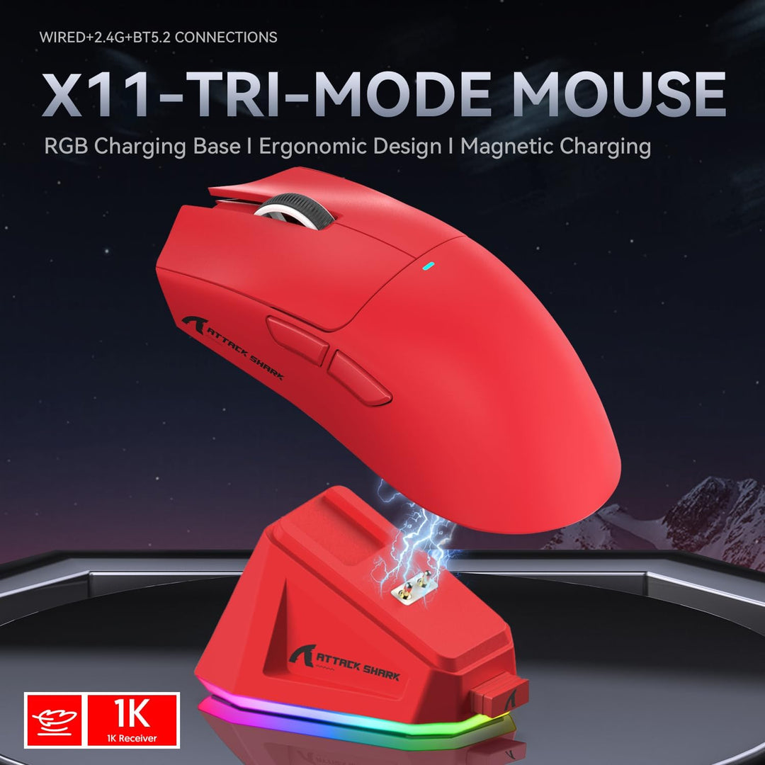 ATTACK SHARK X11 Gaming Mouse mit Magnetic Charging Dock, PixArt PAW3311 Gaming Sensor, BT/2.4G Wire