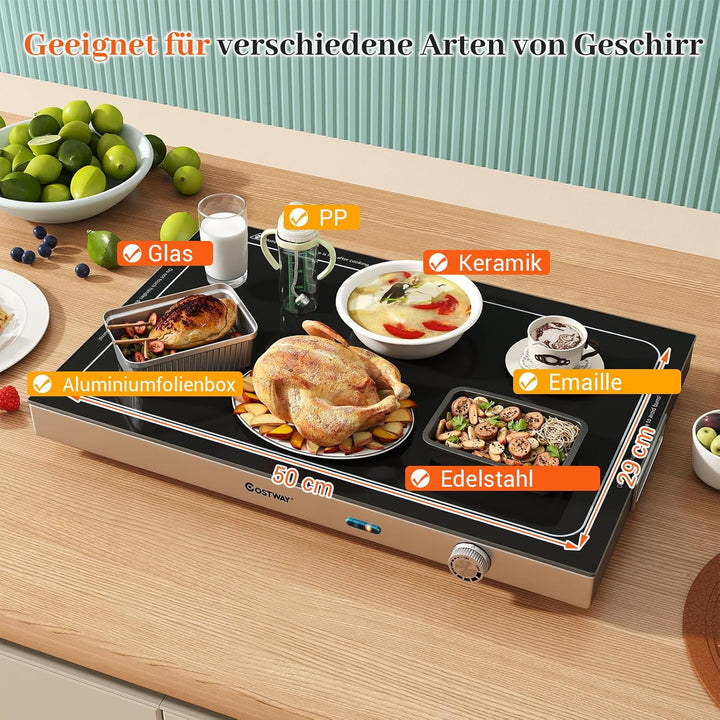 COSTWAY Warmhalteplatte elektrisch, Speisewärmer mit Gehärteter Glasoberfläche und Thermostat bis 12