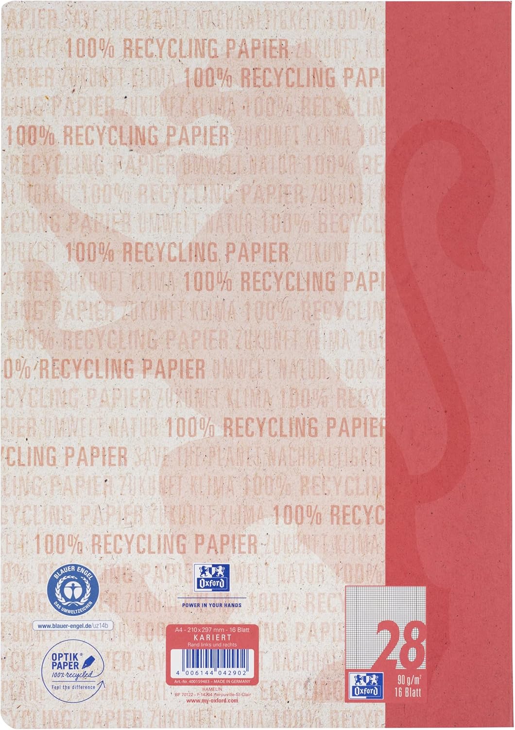 Oxford Schulheft A4 Recycling, 16 Blatt, Lineatur 28, kariert, 15 Stück A4 Lineatur 28, A4 Lineatur