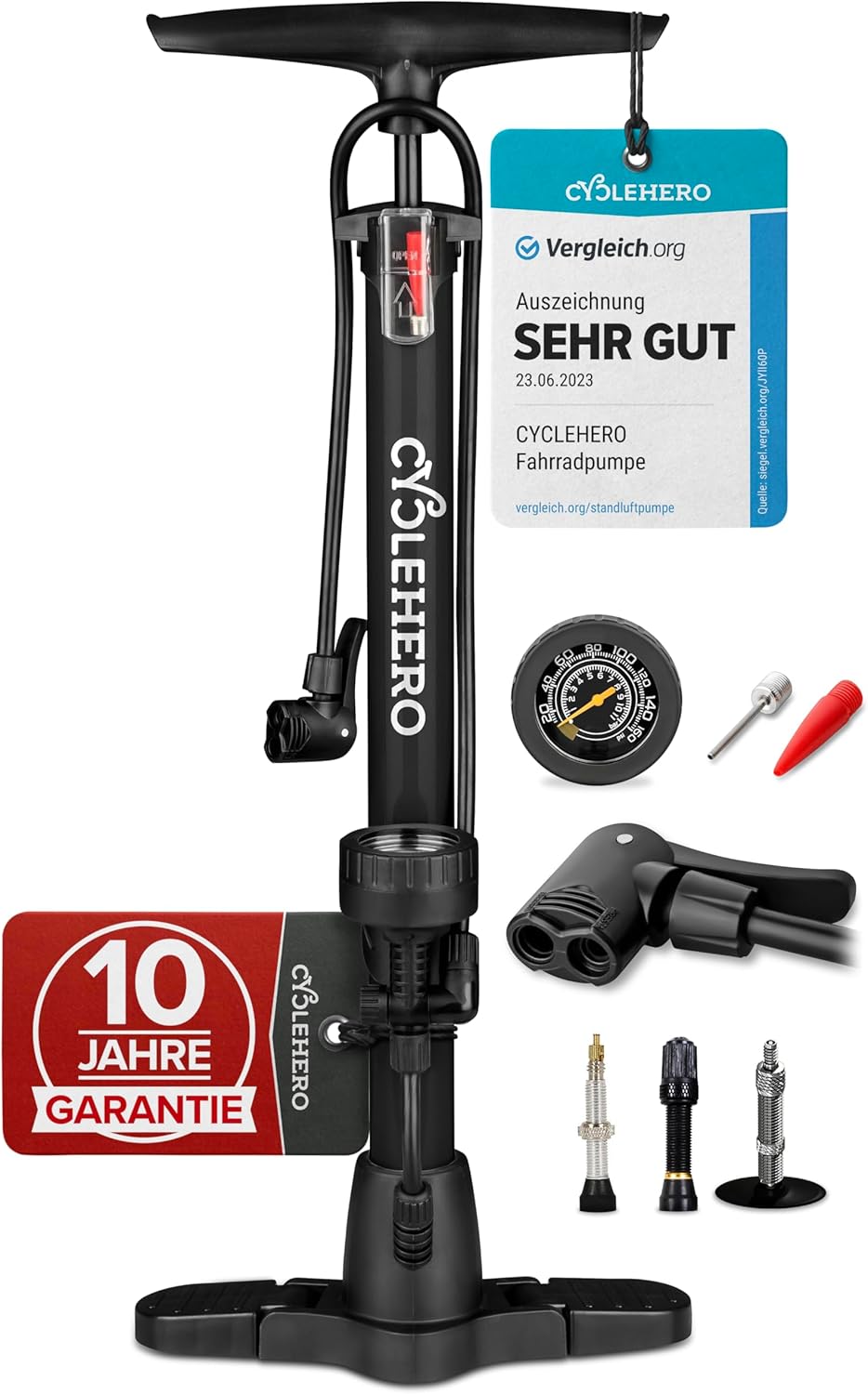 CYCLEHERO Fahrradpumpe für alle Ventile - Leistungsstarke Luftpumpe mit Manometer und 2 Jahren Garan