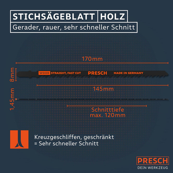 Presch Stichsägeblätter Holz 10 Stk. (Sehr Lang) - Extrem schneller, gerader Schnitt (5-120mm) - Pro