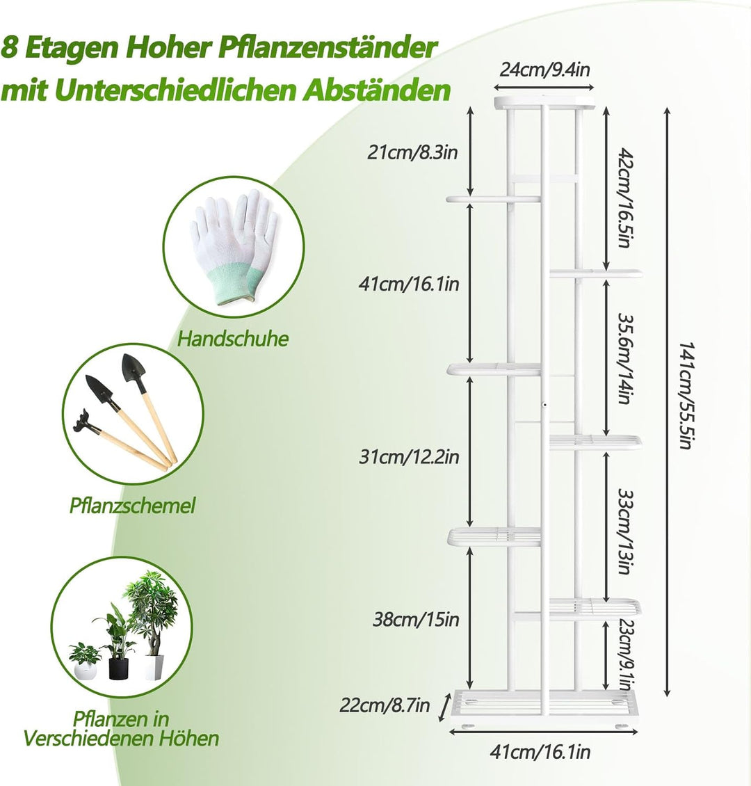 MAIJIAJU Blumenständer Metall (8 Etagen Weiss), 8 Etagen Weiss