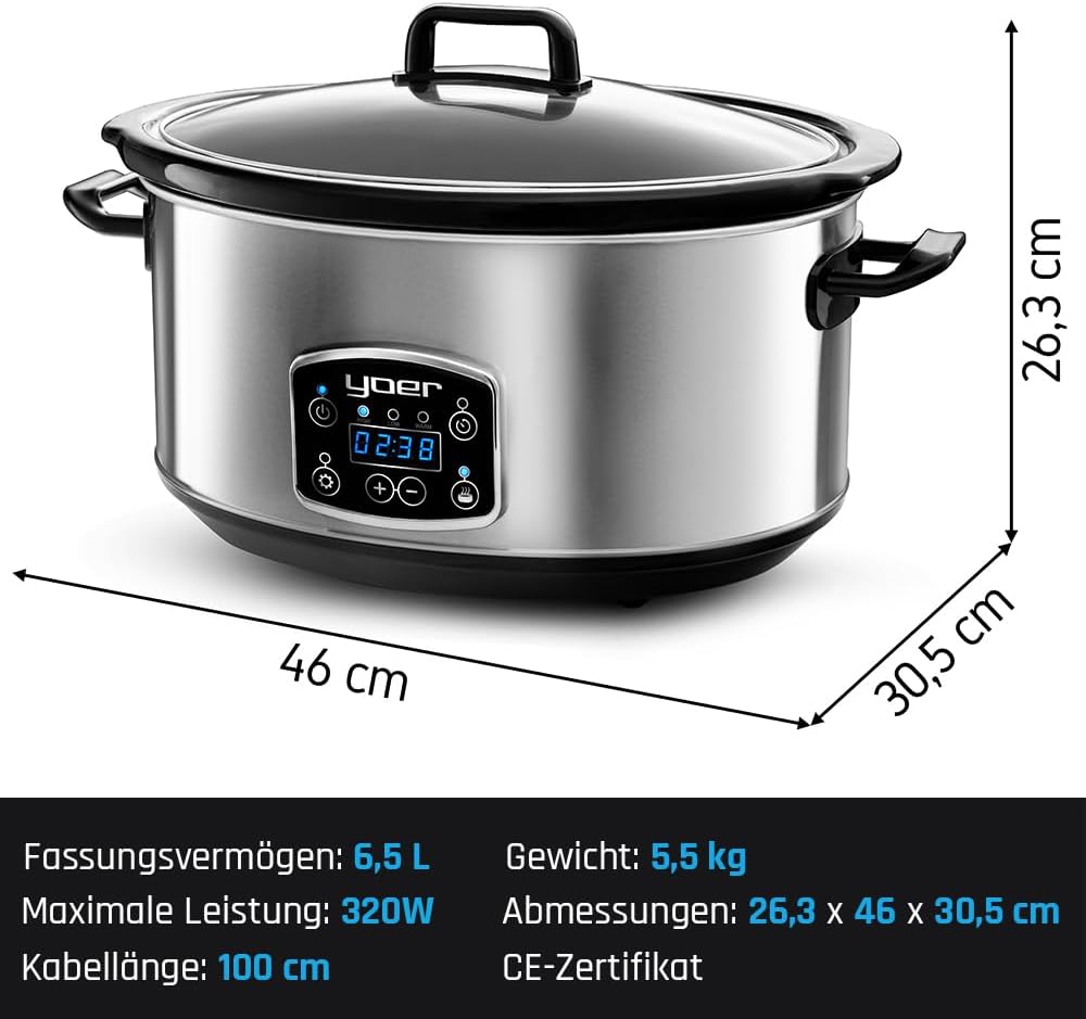 Yoer Clever-Cook SC6502S, Slow Cooker, 320W, 6,5L, Multifunktional, ECO, 16-Stunden-Timer, LCD-Displ