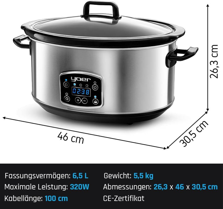 Yoer Clever-Cook SC6502S, Slow Cooker, 320W, 6,5L, Multifunktional, ECO, 16-Stunden-Timer, LCD-Displ
