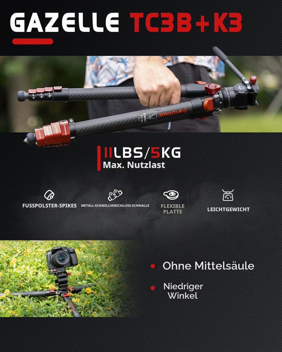 IFOOTAGE Gazelle TC3B+K3,55/140cm Kamera Stativ TC3B aus Kohlefaser mit K3 Mini Kugelkopf, Schnallen