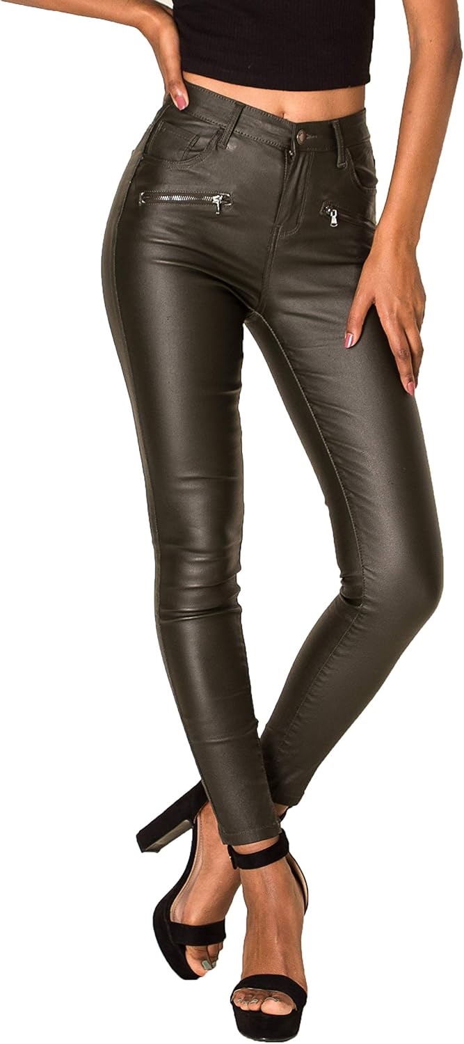 Lusty Chic Damen Kunstlederhose Leder Look Hosen Biker Stretch Skinny Jeans S Khaki, S Khaki