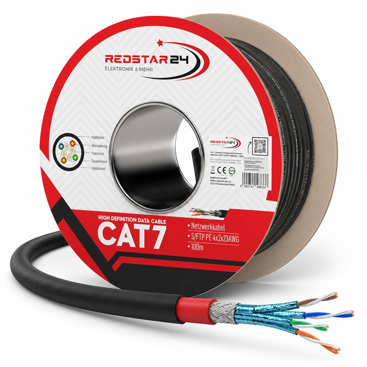RedStar24 Cat7 Erdkabel 100m Outdoor LAN Kabel S/FTP AWG23/1 UV-beständig | PE Doppelmantel, PoE, di