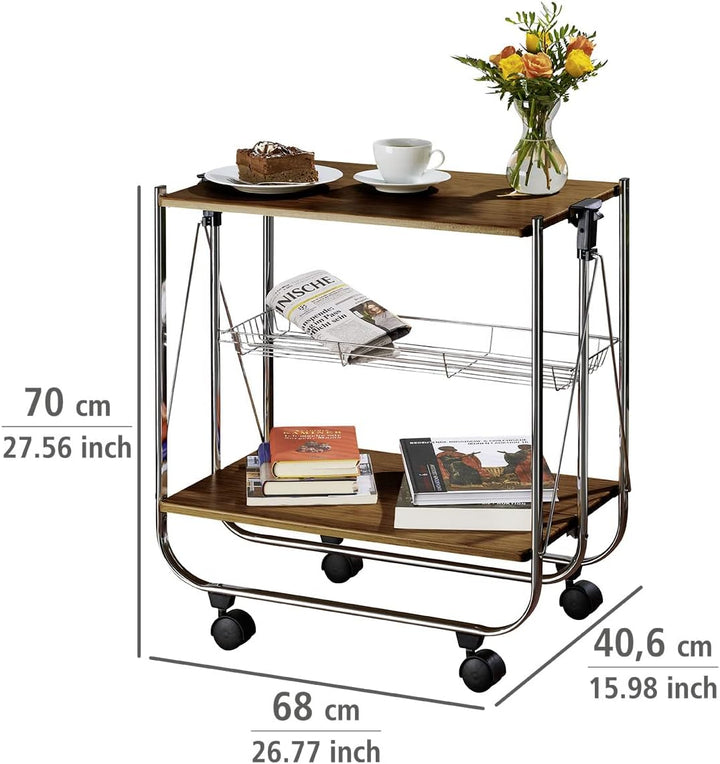 WENKO Servierwagen Dinett Deluxe Walnuss - zusammenklappbar, Ablagekorb, MDF, 68 x 70 x 40.6 cm, Bra