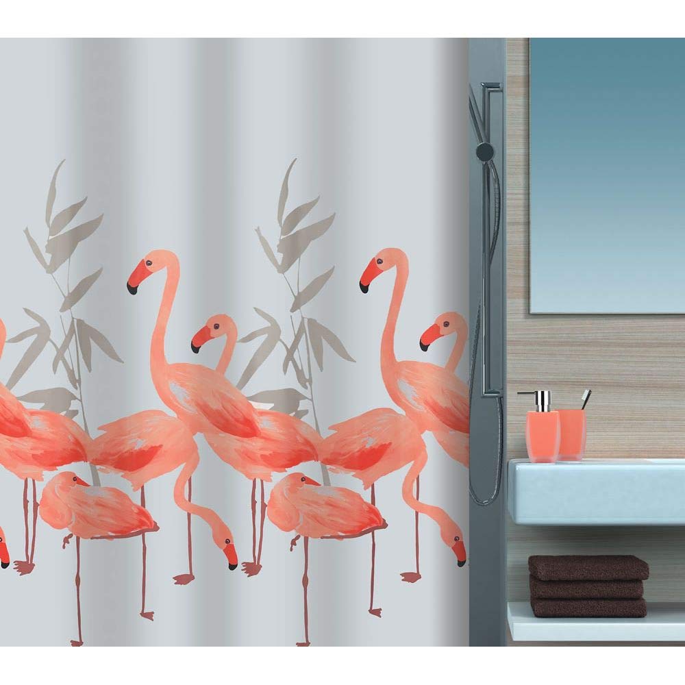 Spirella Anti-Schimmel Duschvorhang - Anti-Bakteriell, waschbar, wasserdicht, Polyester, „Flamingo“