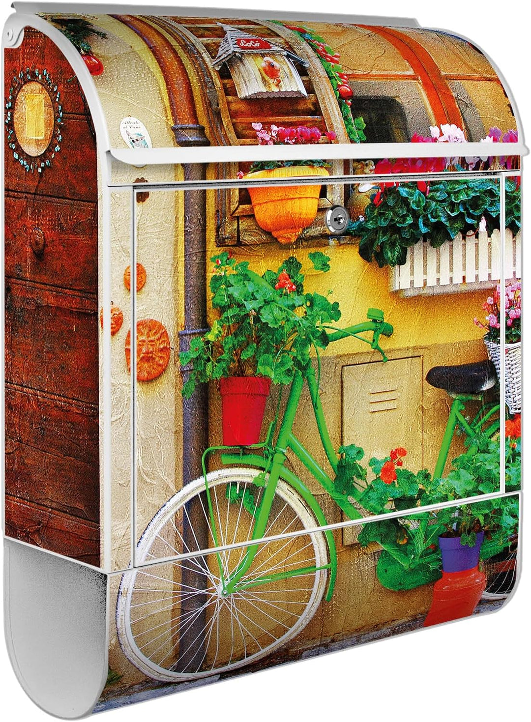 banjado® Design Briefkasten mit Motiv Grünes Fahrrad 39x47x14cm &amp; 2 Schlüssel - Briefkasten Stahl we