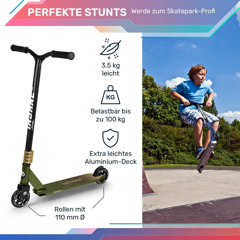 Fun Pro Stunt Scooter Insane2, Stunt Roller mit ABEC 9 Lager, Scooter mit Griptape, 110 mm Rollen mi
