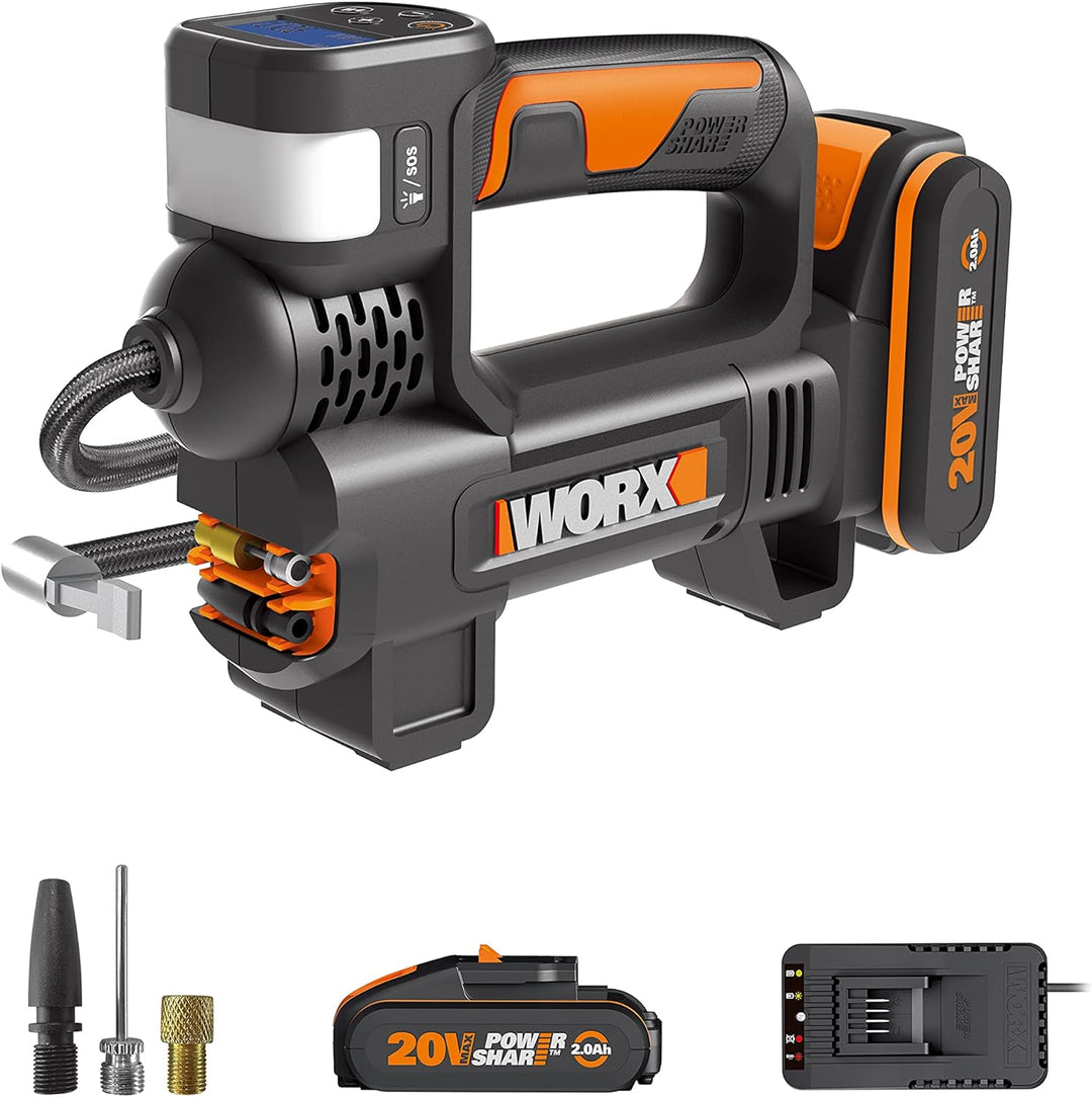 WORX - Luftkompressor und LED-Projektor, kabellos, 150 PSI – 20 V-2 Ah – WX092 (Lieferung mit Akku u