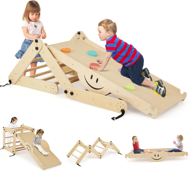 COSTWAY Klettergerüst Indoor, Kletterdreieck mit Rutsche, DIY Kletterleiter, Indoor Spielplatz umwan