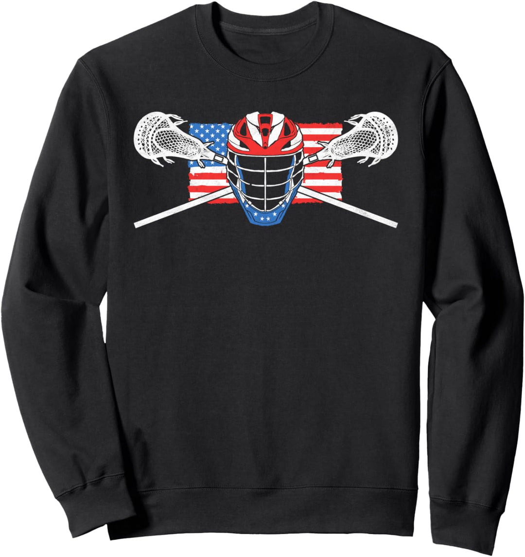 Lacrosse Helmet & Crossed Sticks Retro American Flag Design Sweatshirt
